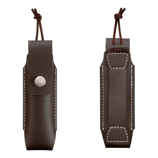 Two views of the Opinel No.8 Carbon & Sheath Gift Box, front with metal snap and back with white stitching, hanging on brown cords against a white background.