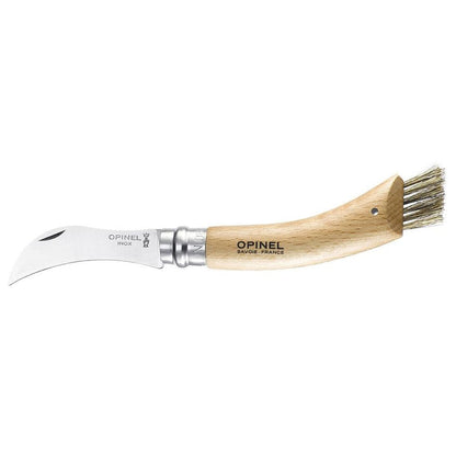 A side view of the Opinel No.8 Mushroom Knife with a wooden handle and brush attachment against a white background.