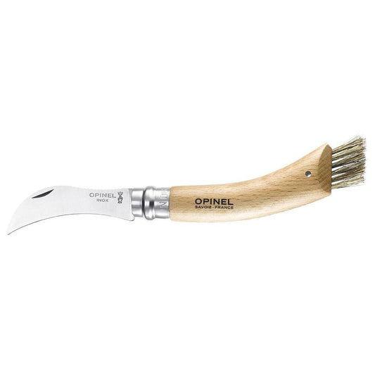 A side view of the Opinel No.8 Mushroom Knife with a wooden handle and brush attachment against a white background.