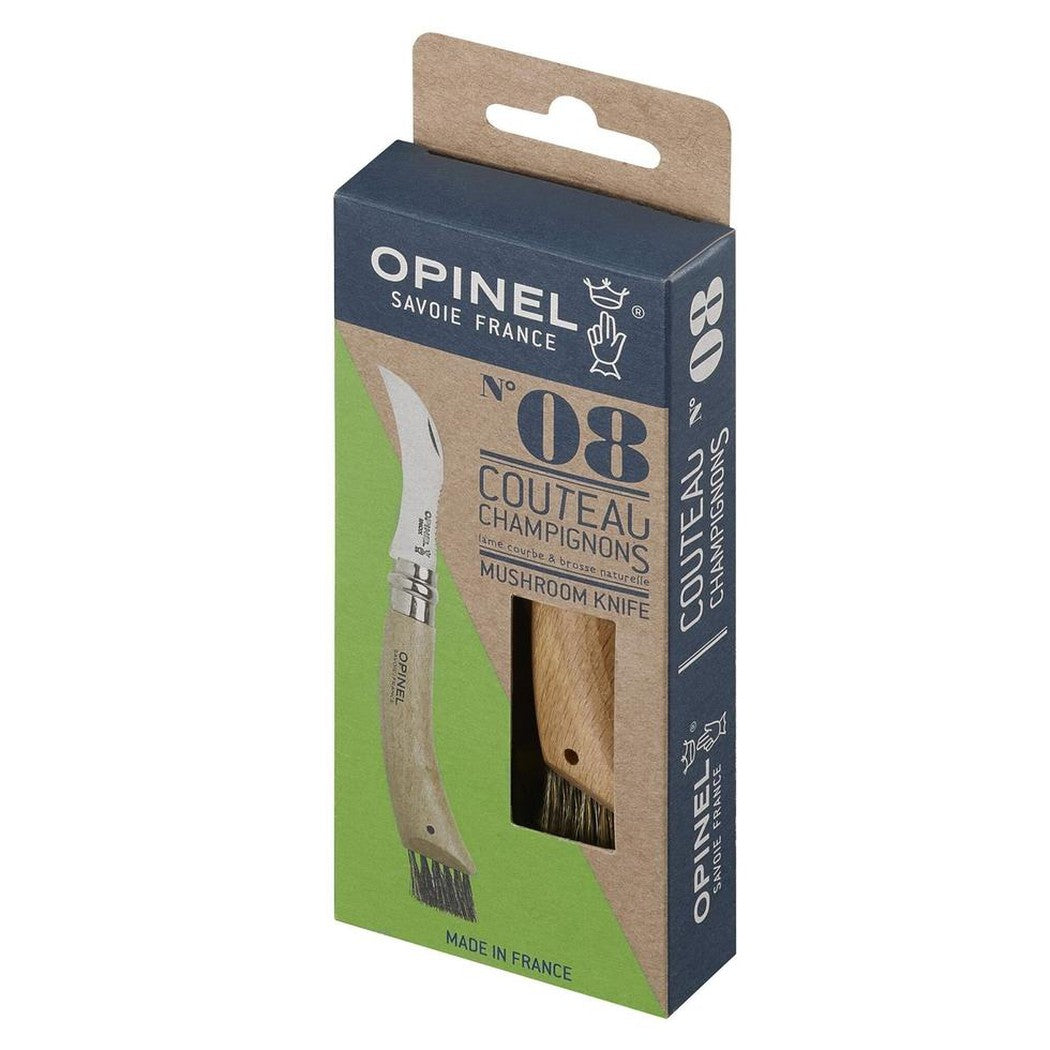 A front view of the Opinel No.8 Mushroom Knife in its green and blue packaging with a brown hang tab.