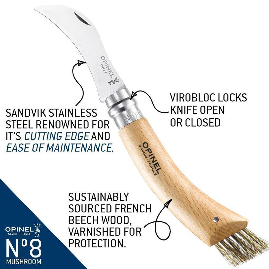 A side view of the Opinel No.8 Mushroom knife showing the Virobloc lock and wooden handle against a white background.