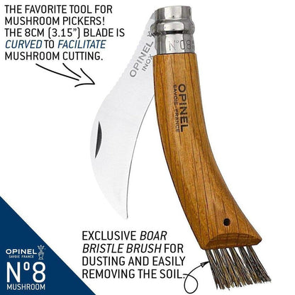 A side view of the Opinel No.8 Mushroom Oak knife with its curved blade and boar bristle brush visible against a white background.