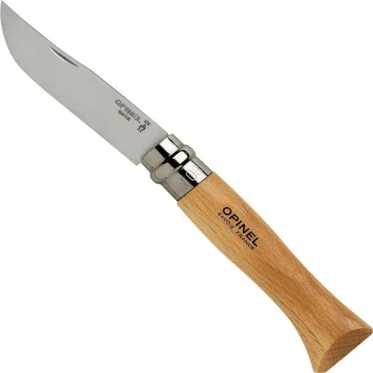 A side view of the Opinel No.8 Stainless & Sheath knife with a wooden handle and stainless steel blade against a white background.