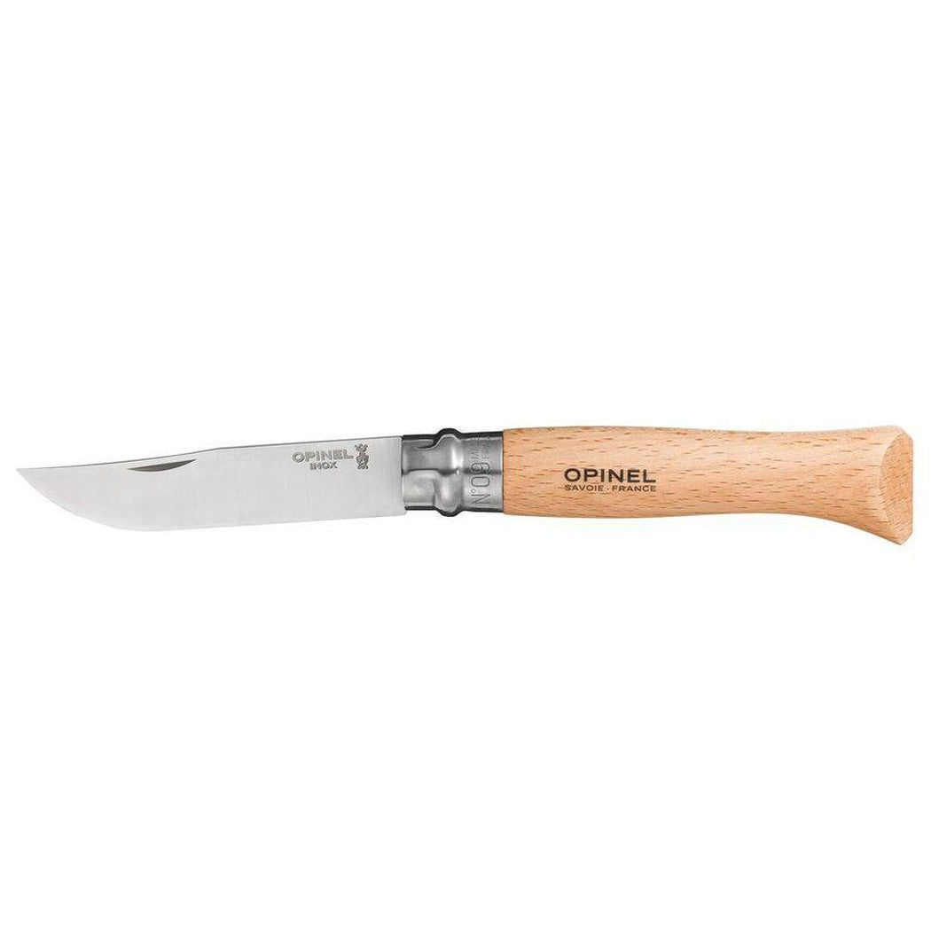 A side view of the Opinel No.9 Stainless Folding Knife with a natural wood handle against a white background.