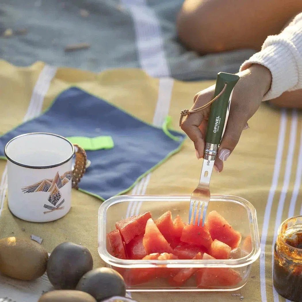 A hand uses the Opinel Picnic Plus Cutlery Insert to pick up watermelon from a container on a picnic blanket.