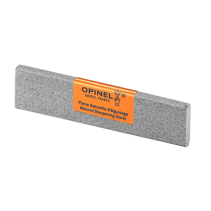 A side view of the Opinel Small Natural Sharpening Whetstone with an orange label against a white background.