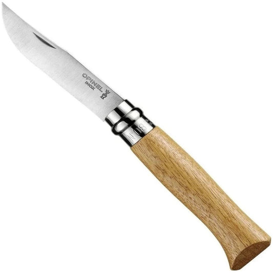 A side view of the Opinel Woods No.8 Olive/Walnut/Oak knife with a natural oak handle and stainless steel blade against a white background.