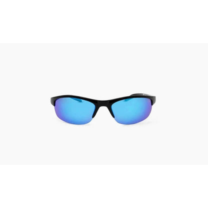 Shiny Black Optic Nerve Alpine sunglasses with blue lenses, front view against a white background.