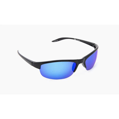 Side view of the Optic Nerve Alpine sunglasses with shiny black frames and blue lenses against a white background.