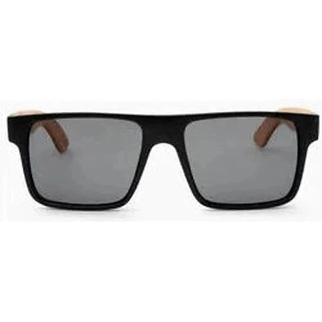Black Natural Wood Optic Nerve Blackthorn sunglasses with rectangular frames and wooden temple tips, front view against a white background.