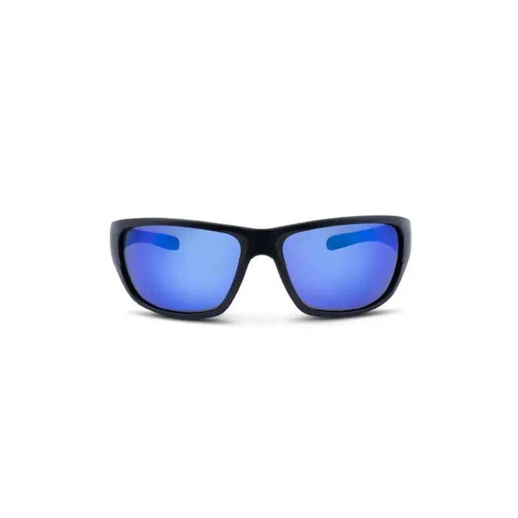 Matte black Optic Nerve Contra XL sunglasses with blue mirror lenses against a white background.