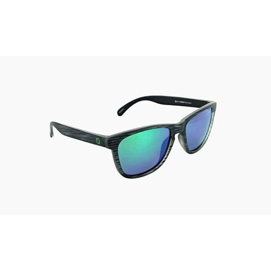 Side view of the Optic Nerve Fairplay sunglasses in Driftwood Gray with green-tinted lenses against a white background.