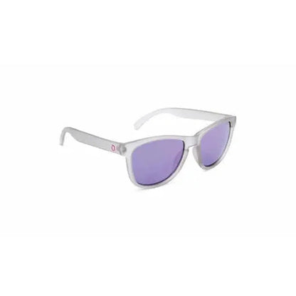 Side view of the Optic Nerve Fairplay sunglasses with Driftwood Gray frames and purple lenses against a white background.