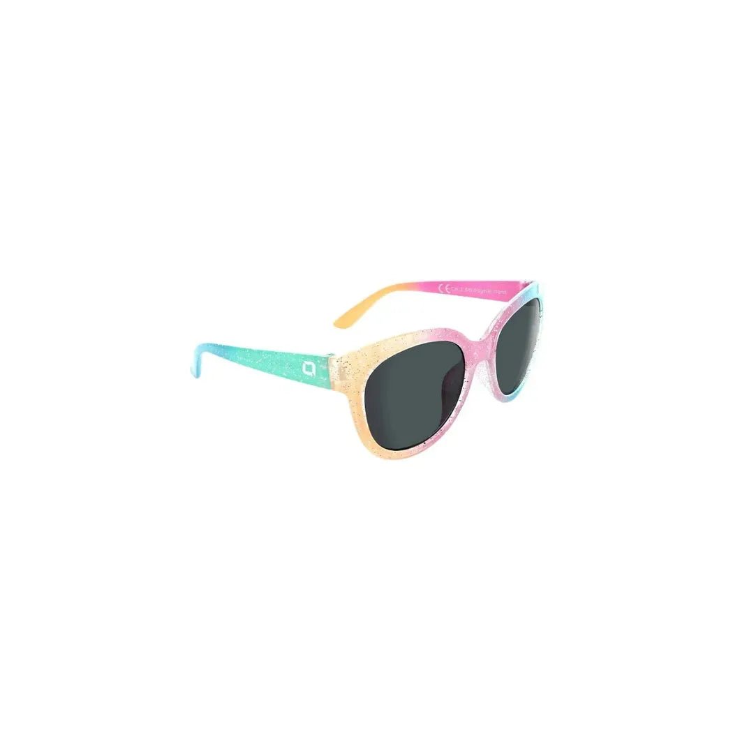 Side view of the Optic Nerve Glimmer Rainbow Sparkle w/ Polarized Smoke Lens sunglasses with colorful frames and dark lenses against a white background.