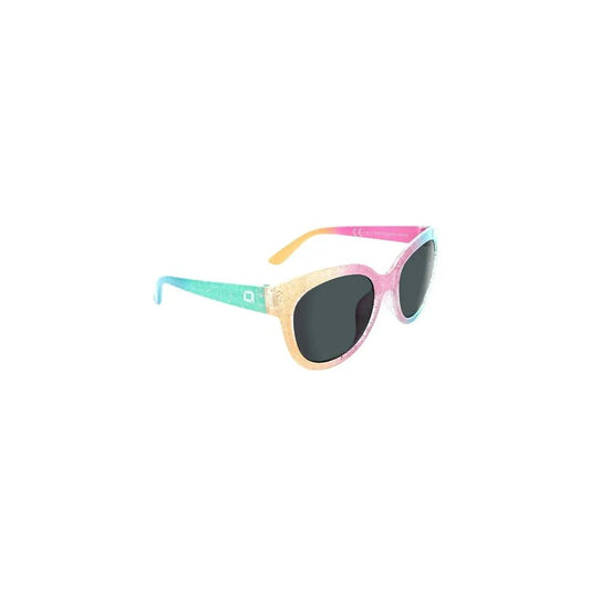 Side view of the Optic Nerve Glimmer Rainbow Sparkle w/ Polarized Smoke Lens sunglasses with colorful frames and dark lenses against a white background.