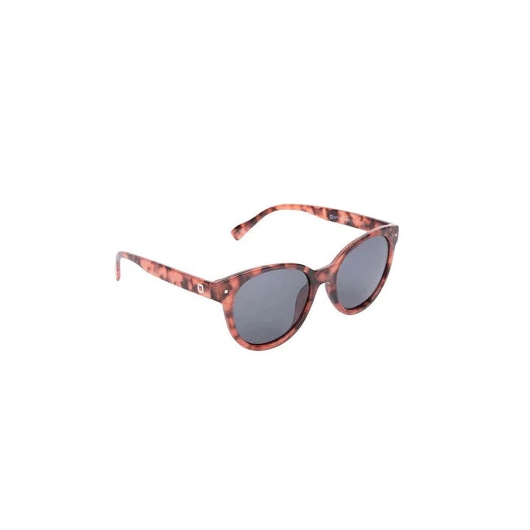 Side view of the Optic Nerve Hotplate sunglasses in Cranberry Tortoise with dark lenses against a white background.