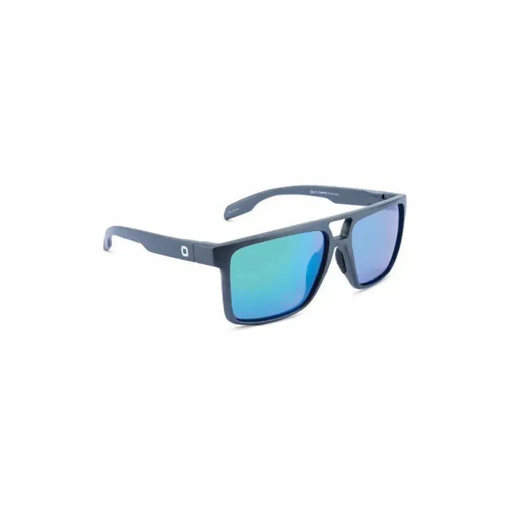 Side view of the Optic Nerve Larimer sunglasses with matte aluminum gray frames and blue-tinted lenses against a white background.