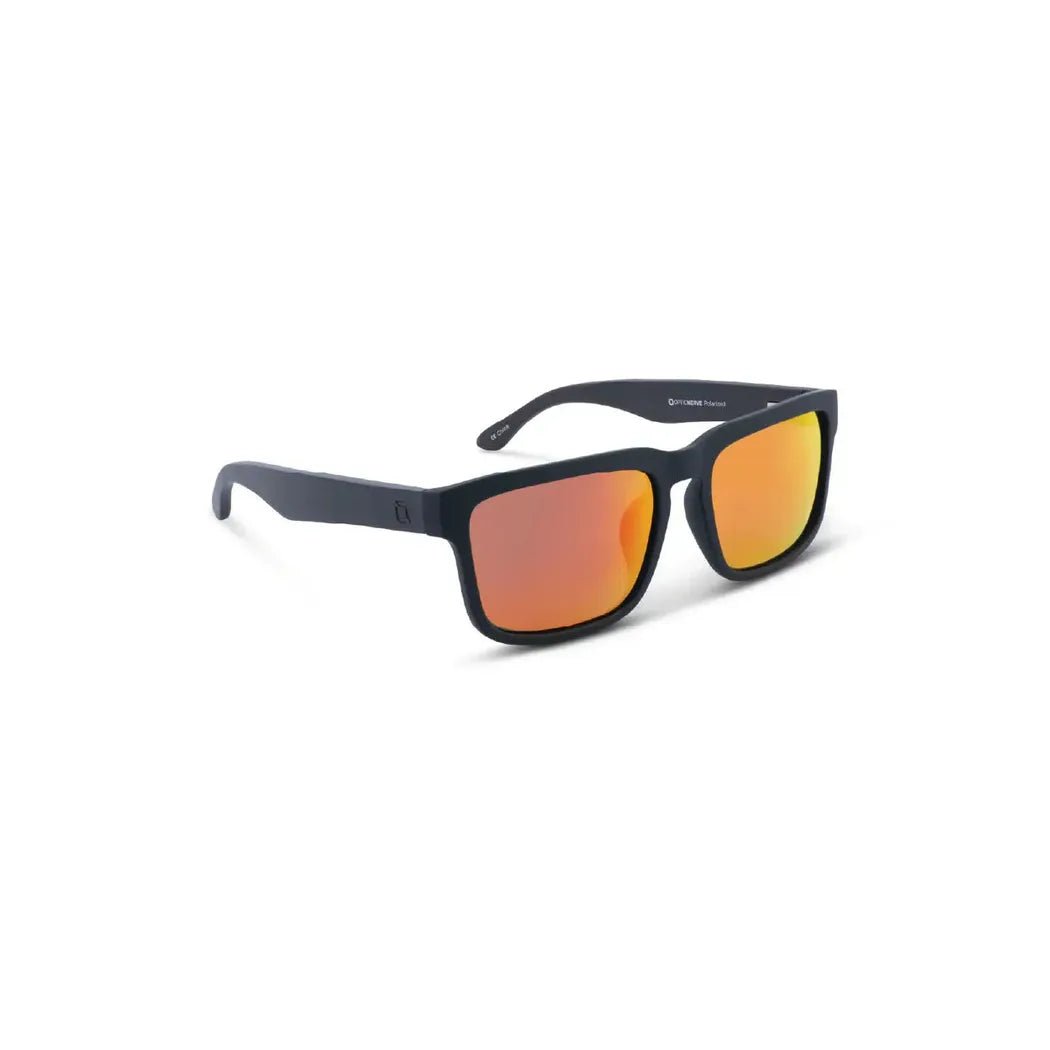 Side view of the Optic Nerve Mashup sunglasses with matte black frames and orange-tinted lenses against a white background.
