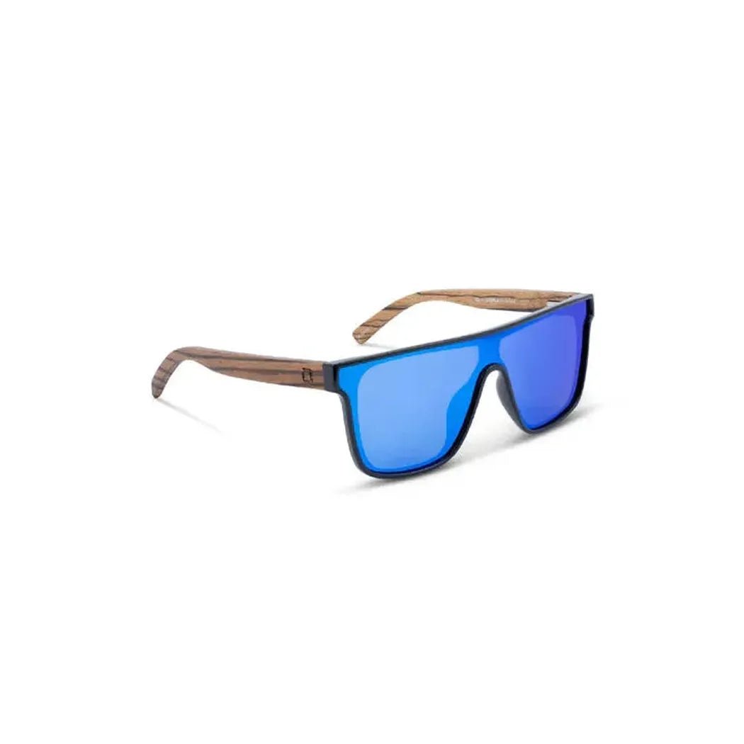 Side view of the Optic Nerve Mojo sunglasses with shiny black frames and wood arms against a white background.