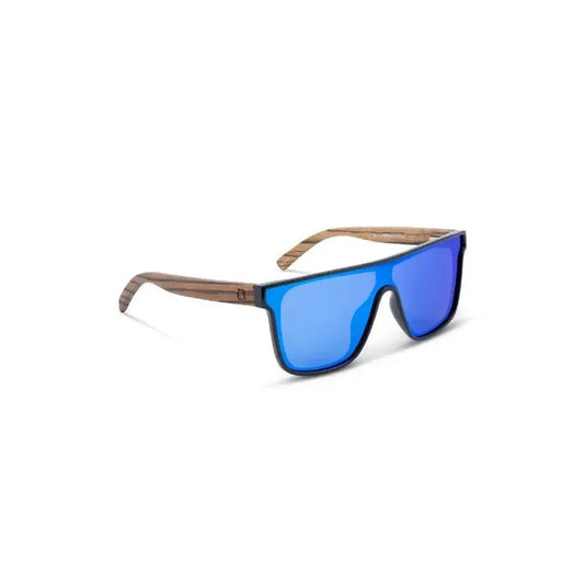 Side view of the Optic Nerve Mojo sunglasses with shiny black frames and wood arms against a white background.