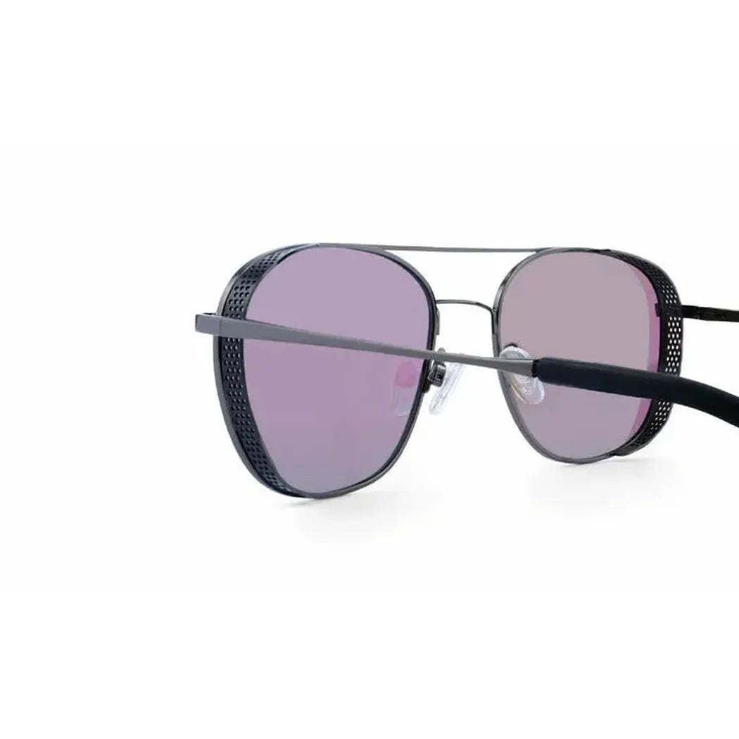 Side view of the Optic Nerve Palisade sunglasses in Matte Gold-Matte Black with purple lenses against a white background.