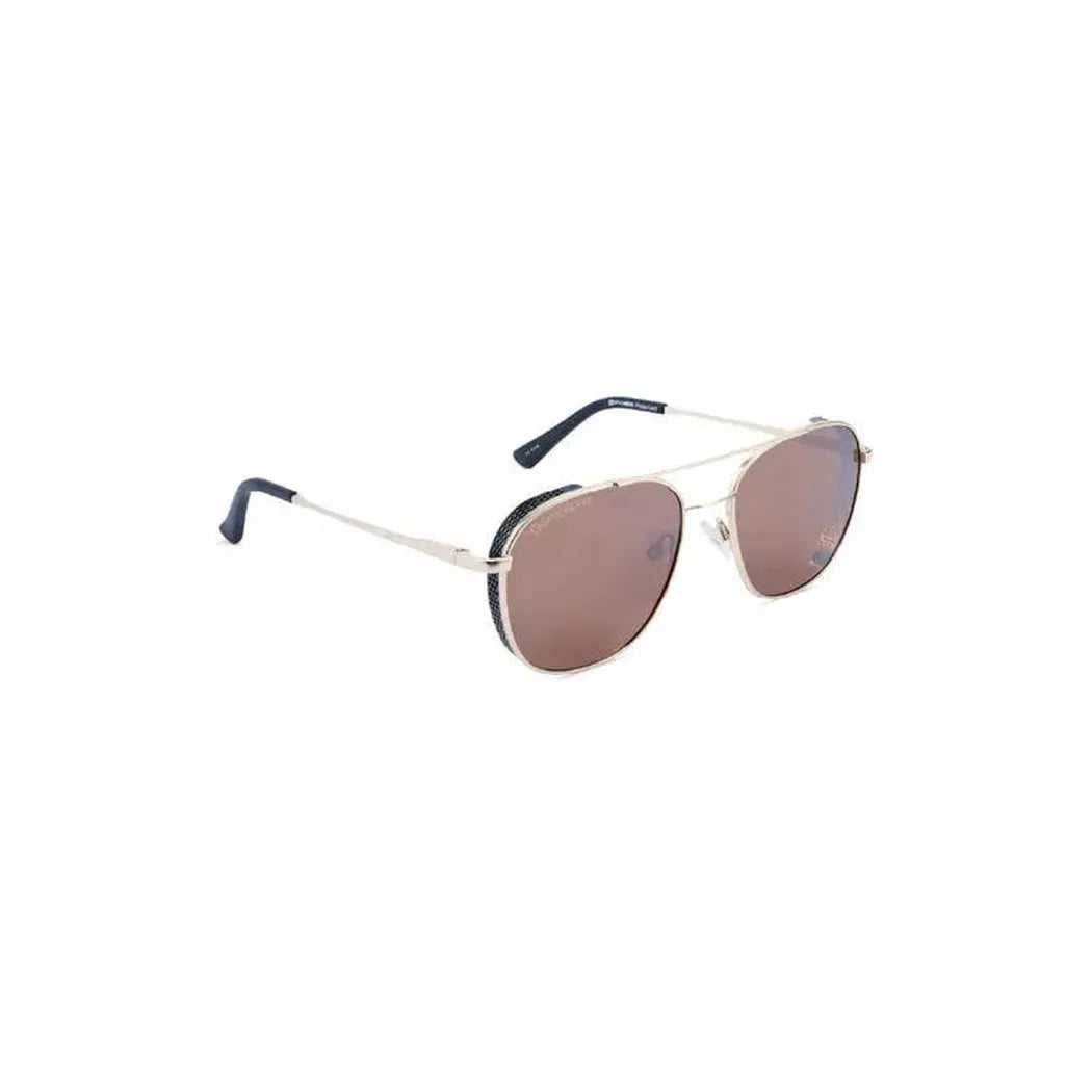 Side view of the Optic Nerve Palisade sunglasses with matte gold frames and matte black accents against a white background.