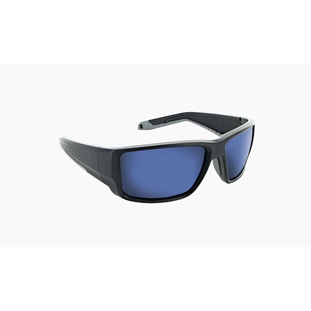 Side view of the Optic Nerve Rampart sunglasses in Matte Black with blue lenses against a white background.