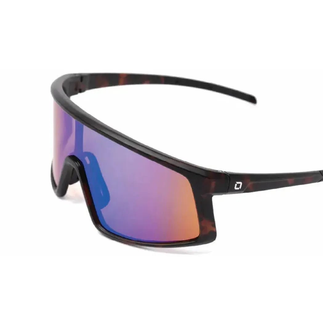 Side view of the Optic Nerve Stone Cat sunglasses with matte black frames and reflective lenses against a white background.