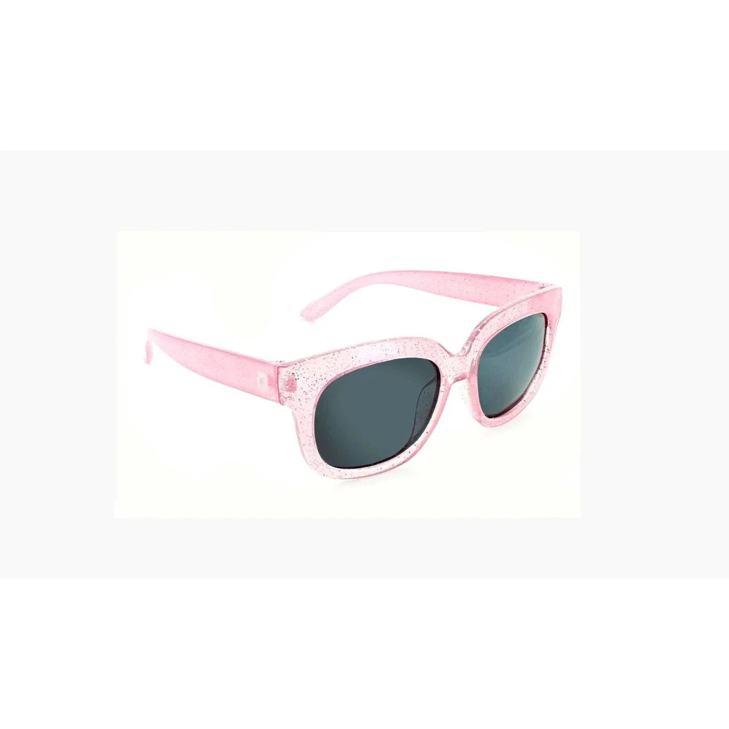 Side view of the Optic Nerve Tart sunglasses with shiny pink sparkle frames and dark lenses against a white background.