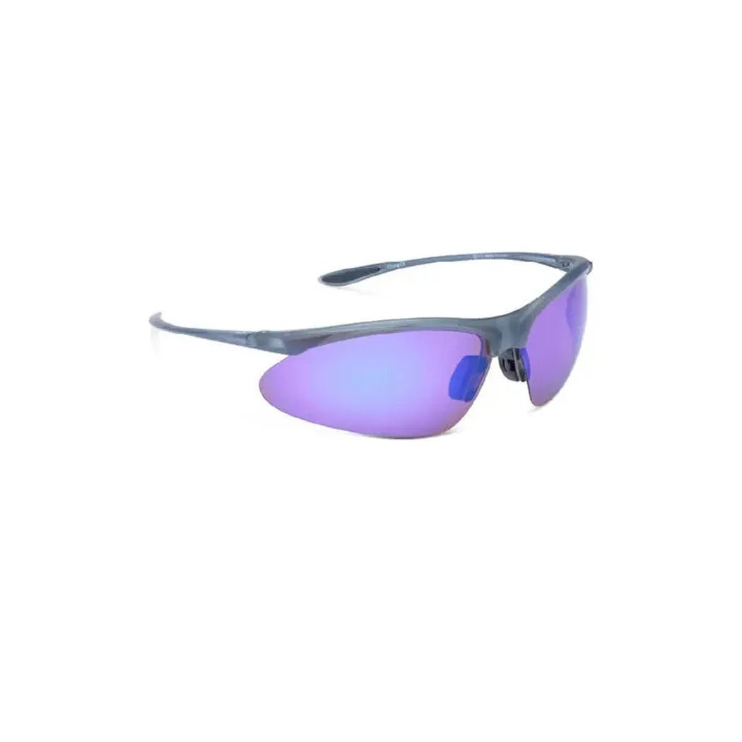 Side view of the Optic Nerve Tightrope sunglasses in Crystal Gray with purple lenses against a white background.