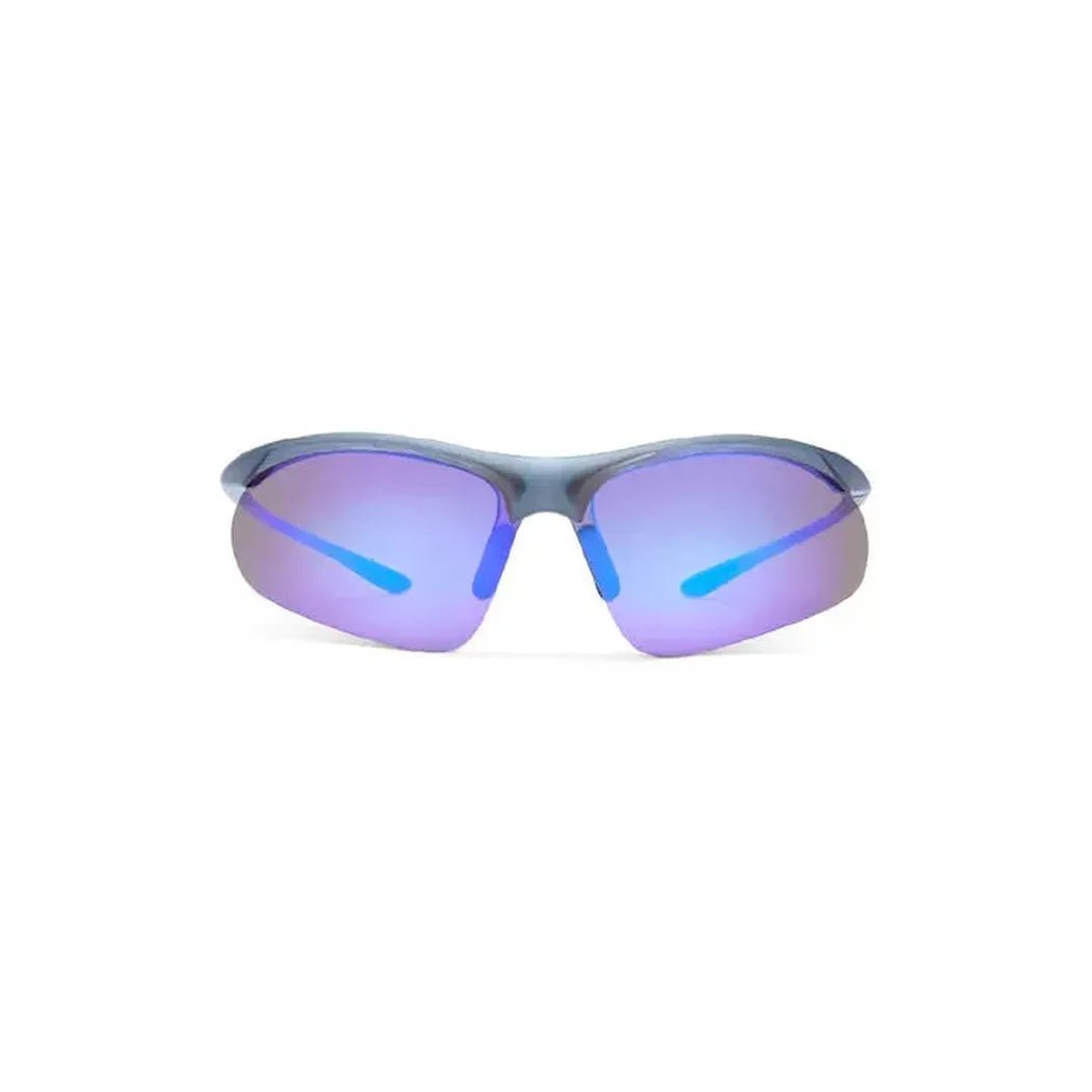 A front view of the Optic Nerve Tightrope sunglasses in Crystal Gray with blue accents on the lenses and arms, set against a plain white background.