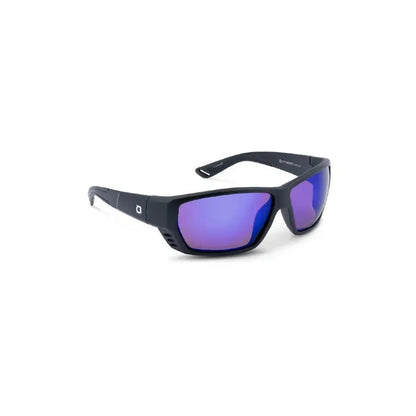 Side view of the Optic Nerve Yampa sunglasses in Matte Black with purple lenses against a white background.