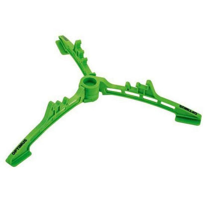 A green Optimus Canister Stand with three legs and a central hub, photographed from above on a white background.