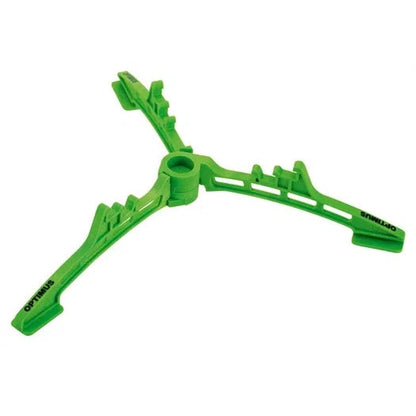 A green Optimus Canister Stand with three legs and a central hole, photographed from above against a white background.