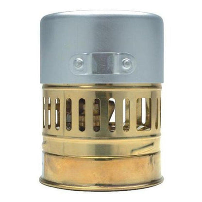 A top-down view of the Optimus Svea (White Gas Stove) with a silver top and brass body, showing the ventilation slots.