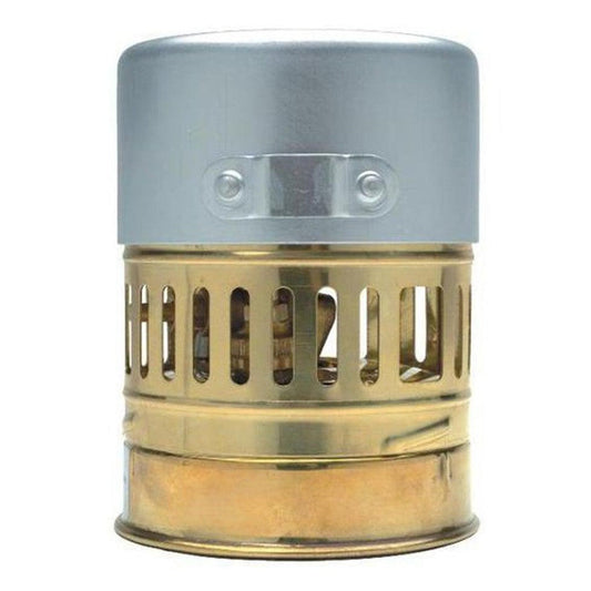 A top-down view of the Optimus Svea (White Gas Stove) with a silver top and brass body, showing the ventilation slots.