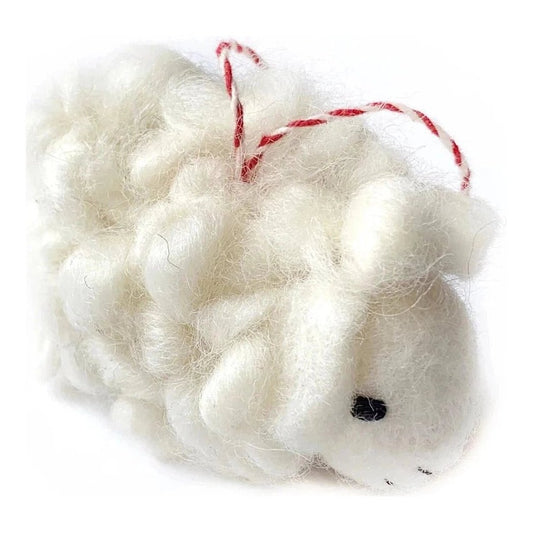 A white felt sheep Christmas ornament with a red and white string hanger, shown from a front angle against a white background.