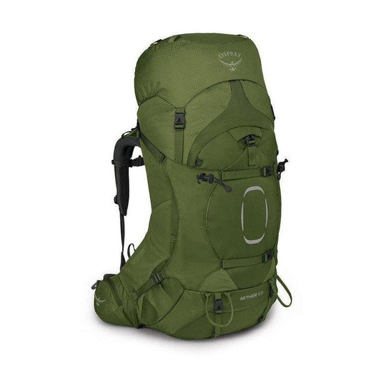 Side view of the Osprey Aether 65 in Garlic Mustard Green showing the front pocket and straps against a white background.