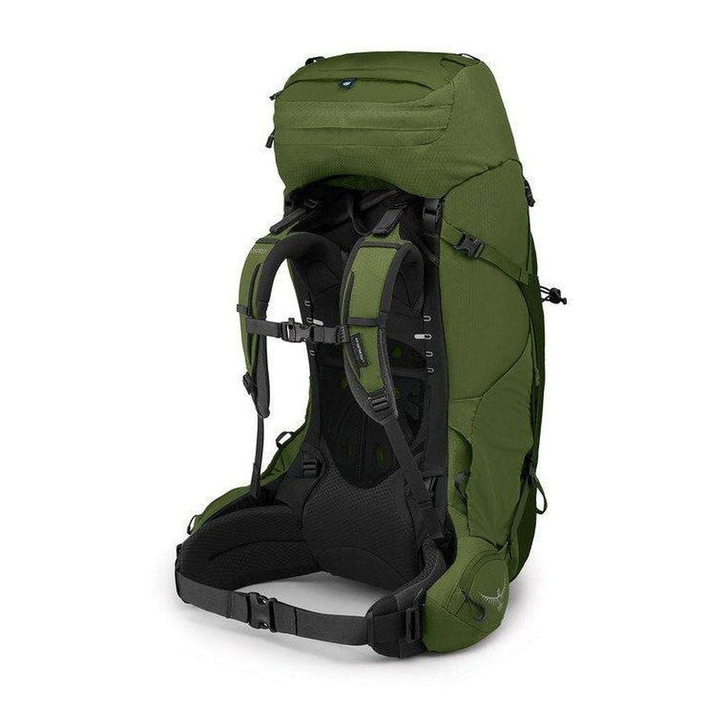 Side view of the Osprey Aether 65 in Garlic Mustard Green showing the padded back panel and hip belt against a white background.
