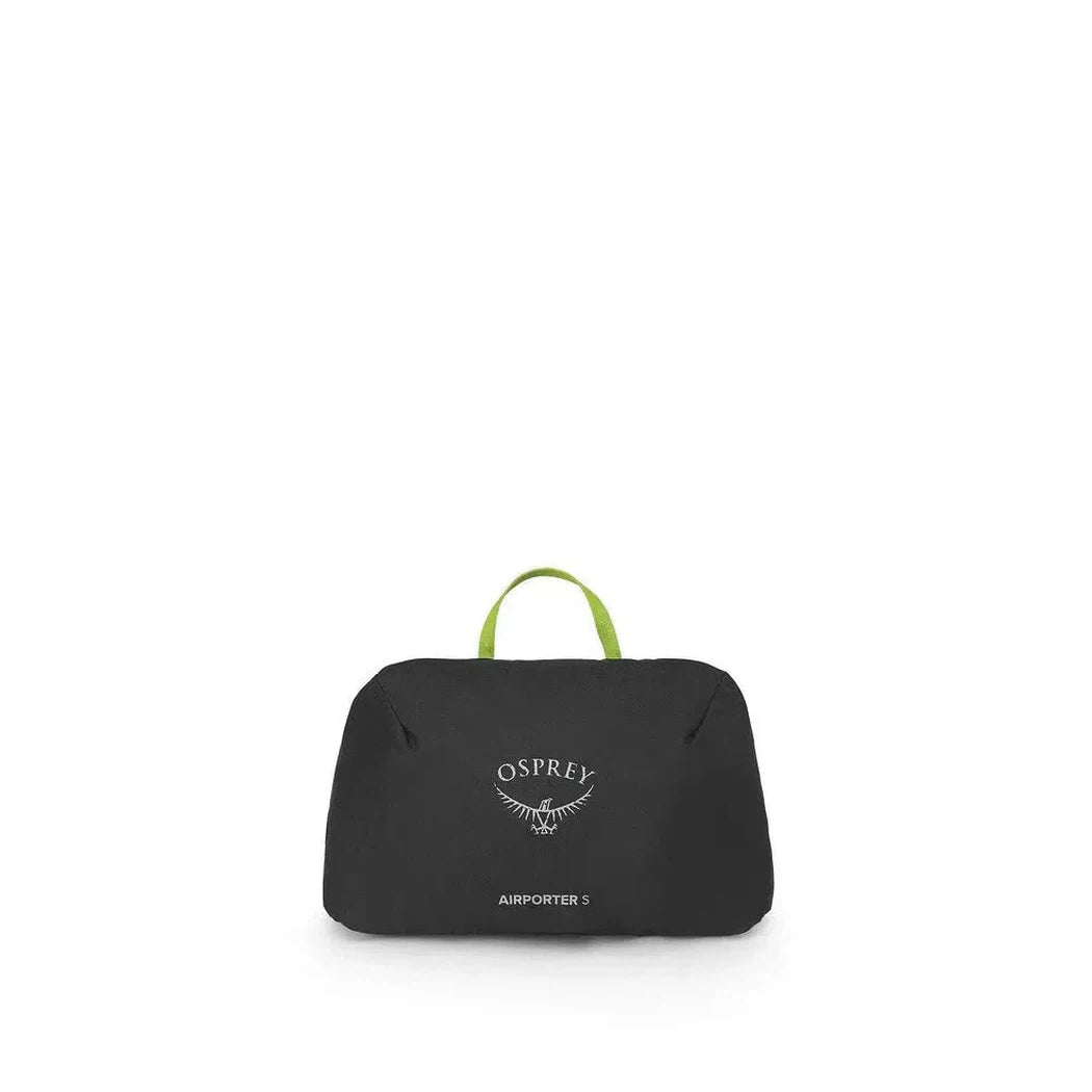A front view of the Osprey Airporter 5 in black with a green handle against a white background.