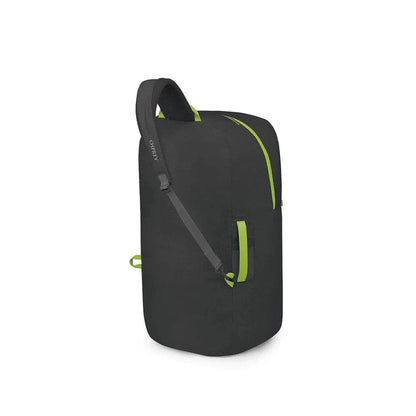 Side view of the Osprey Airporter Black Small showing the green zipper accents against a white background.