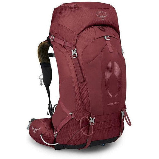 A front view of the Osprey Aura AG 50 backpack in Berry Sorbet Red with visible straps and buckles against a white background.