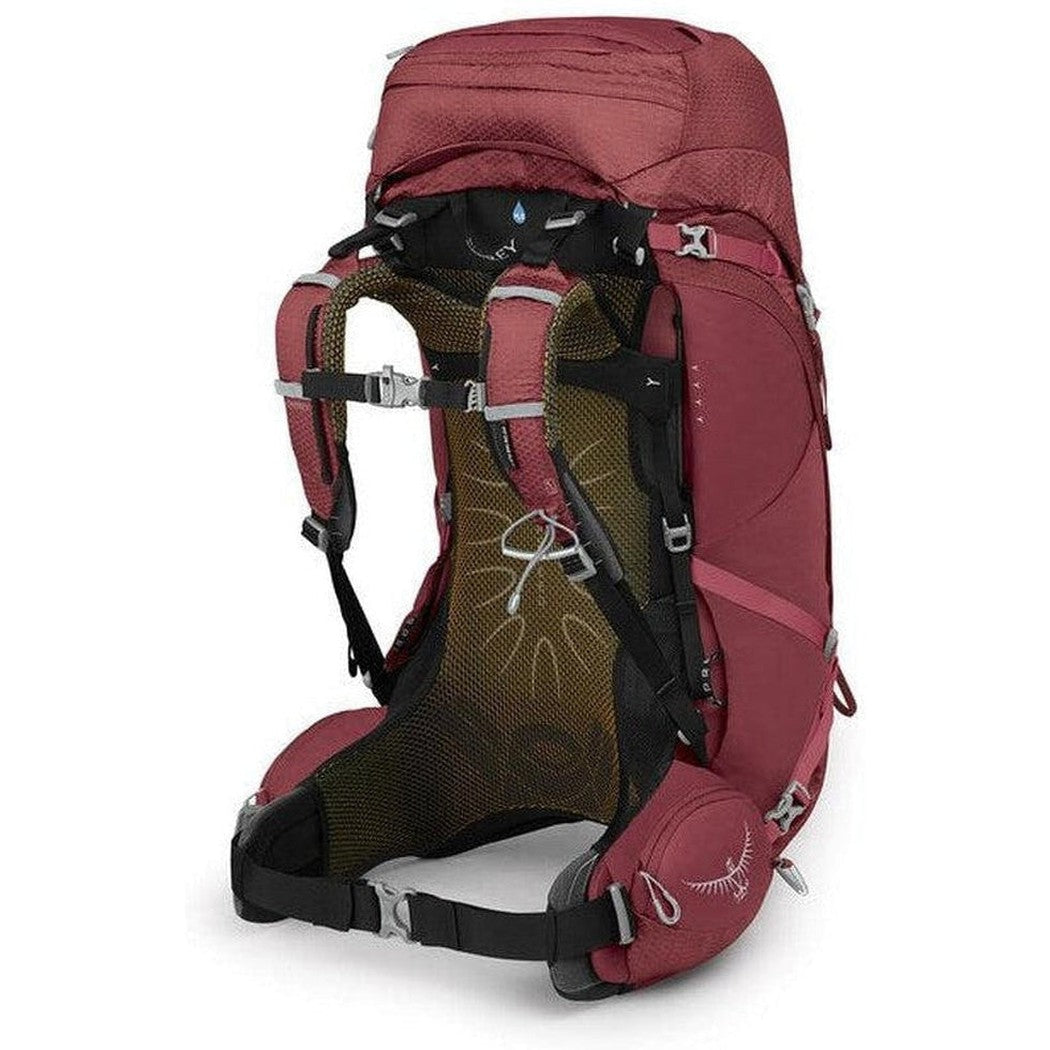 Side view of the Osprey Aura AG 50 in Berry Sorbet Red showing the padded back panel and hip belt against a white background.
