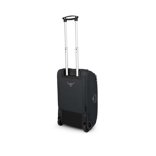 Back view of the Osprey Daylite Carry-On Wheeled Duffel 40 in Black with telescoping handle and wheels against a white background.
