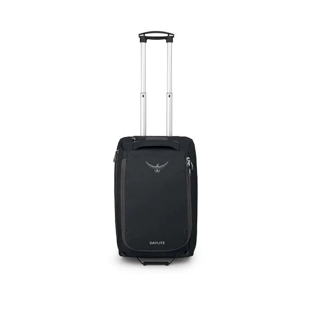 A front view of the black Osprey Daylite Carry-On Wheeled Duffel 40 with its telescoping handle extended against a white background.