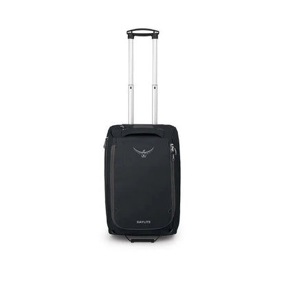 A front view of the black Osprey Daylite Carry-On Wheeled Duffel 40 with its telescoping handle extended against a white background.
