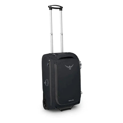 A front view of the Osprey Daylite Carry-On Wheeled Duffel 40 in Black with a telescoping handle and wheels against a white background.