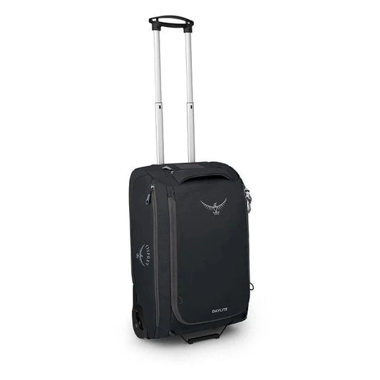 A front view of the Osprey Daylite Carry-On Wheeled Duffel 40 in Black with a telescoping handle and wheels against a white background.