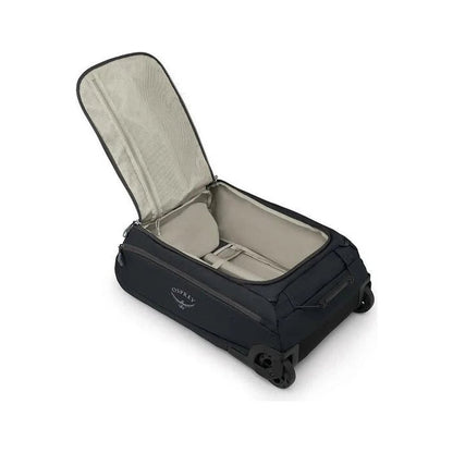 A black Osprey Daylite Carry-On Wheeled Duffel 40 with its lid open, showing the interior and wheels, photographed from a top-down angle against a white background.