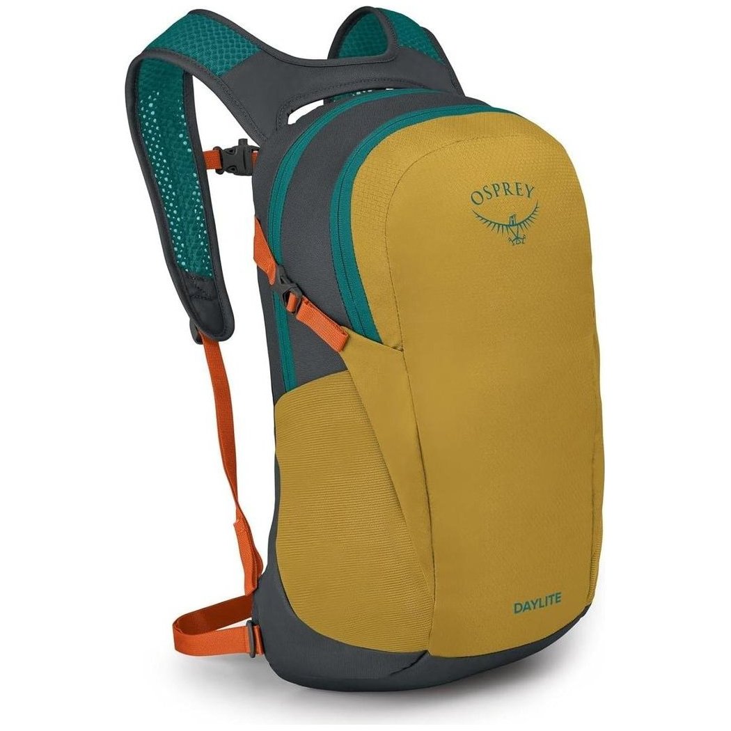 A front view of the Osprey Daylite backpack in Black with orange straps and a teal mesh back panel.
